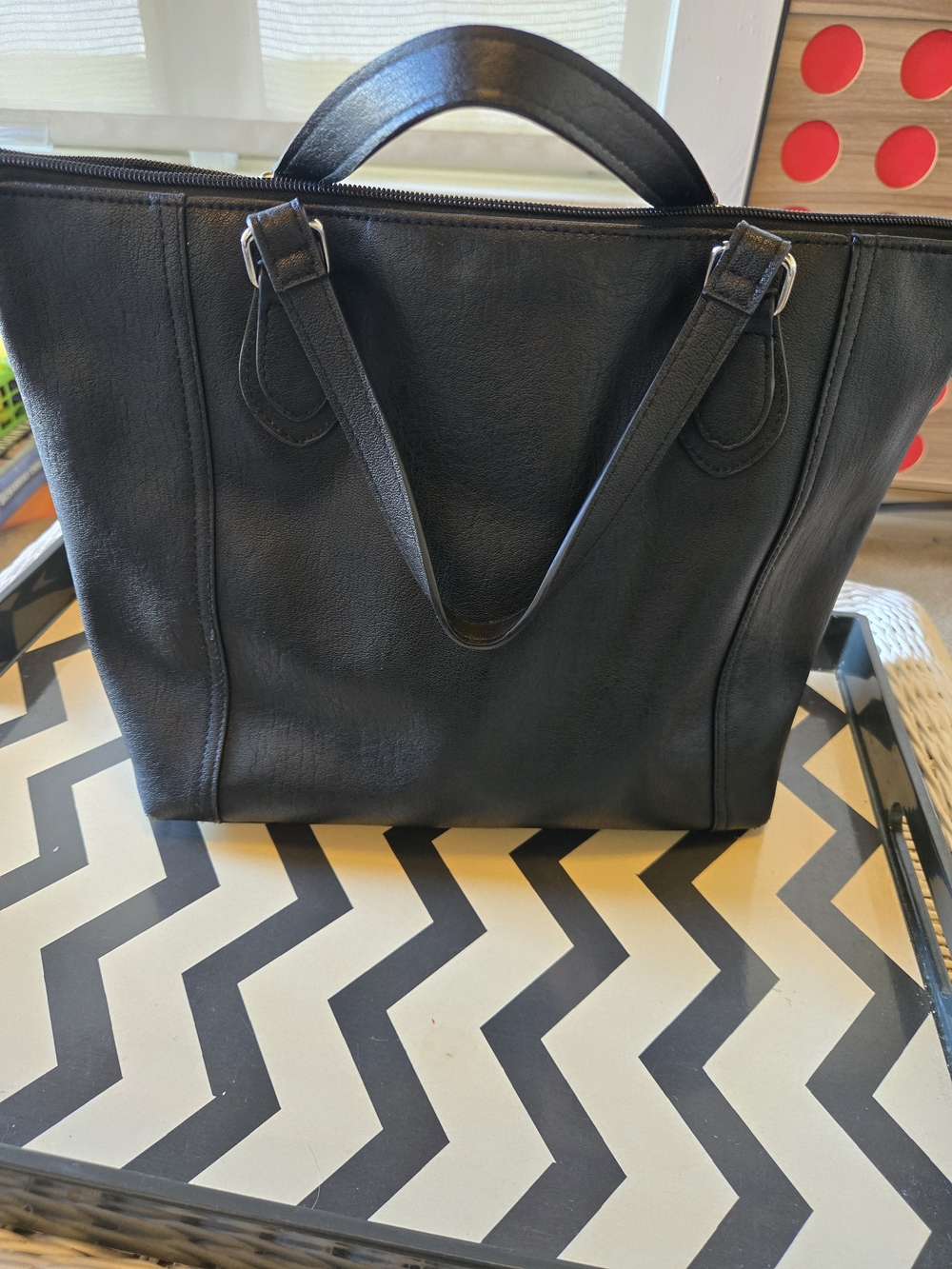 Black Leatherette Tote Bag with Front Pocket - Picture 3 of 4